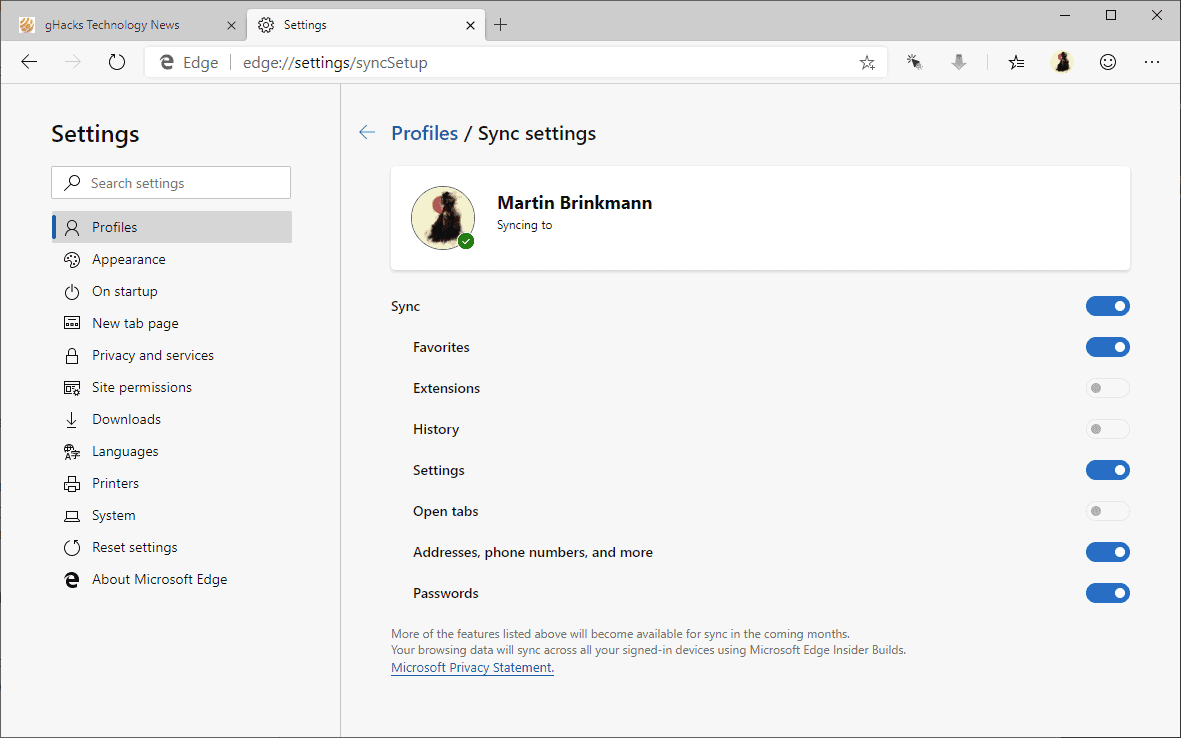 syncing options edge